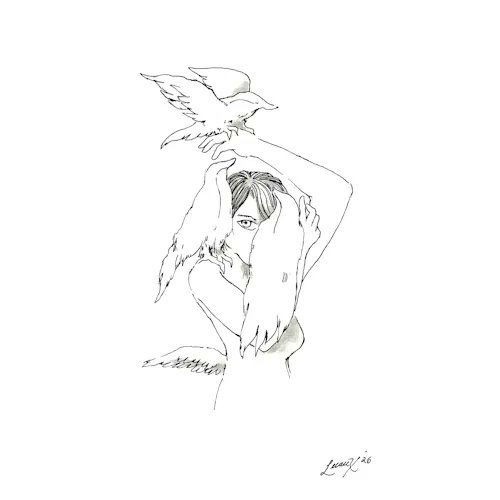A black and white line drawing of a person partially covered by their hands with two birds flying around them, signed and dated '20'.