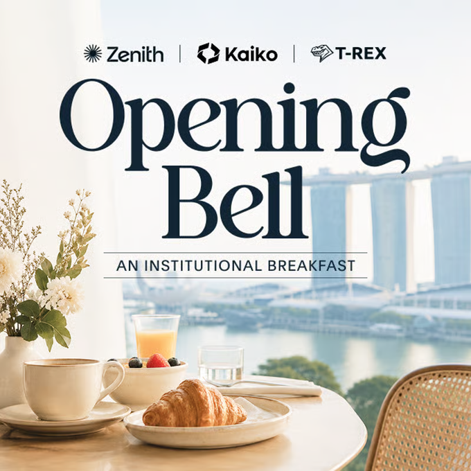 A promotional graphic titled "Opening Bell - An Institutional Breakfast," featuring logos for Zenith, Kaiko, and T-REX, alongside an image of breakfast with a Singapore skyline view.