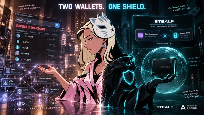 A promotional banner for STEALF (Everyday Finance on Solana) by Arcum, featuring an anime-style character with a white mask, contrasted against 'TWO WALLETS. ONE SHIELD.' and 'EXPOSED ON-CHAIN' messaging.