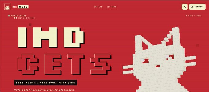 A promotional graphic for '$IMD CETS' featuring pixel art of a white cat, stating '5555 agentic cats built with iitd' and mentioning 'Mint Feeds the reserve. Every trade Feeds it'.