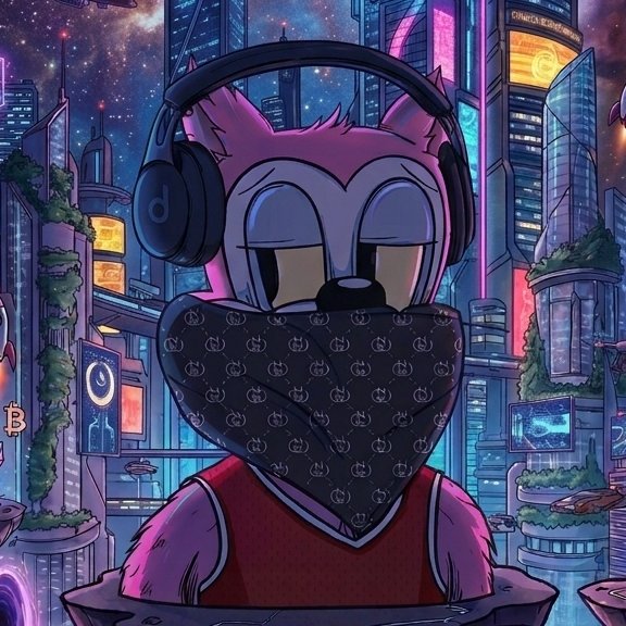 An illustrated anthropomorphic character with pink fur wears large black Beats headphones and a black bandana patterned with smiley face logos against a neon-lit futuristic cityscape.