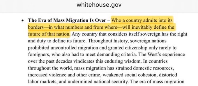 A screenshot from whitehouse.gov with text highlighting: 'The Era of Mass Migration Is Over' discussing national sovereignty and immigration policy.