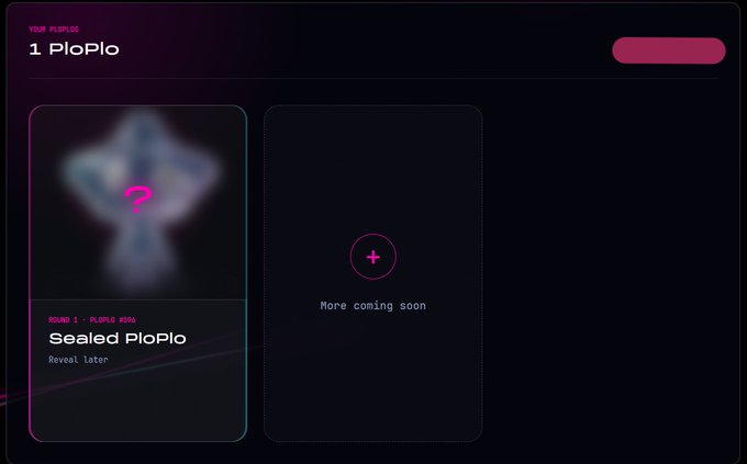A digital interface showing '1 PloPlo' with a sealed card labeled 'Sealed PloPlo' and another slot indicating 'More coming soon.'