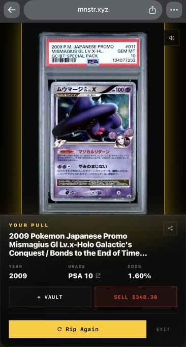 A mobile app screen displays a graded PSA 10 Japanese Pokemon card, 'ムウマージ LV.X' (Mismagius), with its stats and a 'SELL $348.30' button visible.