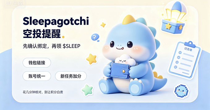 The image shows a 3D-rendered cute blue dinosaur mascot holding a wallet next to a gift box, promoting "Sleepagotchi 空投提醒" (Sleepagotchi Airdrop Reminder) with instructions to confirm binding before claiming $SLEEP, featuring buttons for "钱包链接" (Wallet Link), "账号统一" (Account Unification), and "新任务加分" (New Task Bonus). The graphic visually reinforces the post's warning to double-check airdrop account bindings on Sleepagotchi to avoid wasted effort.