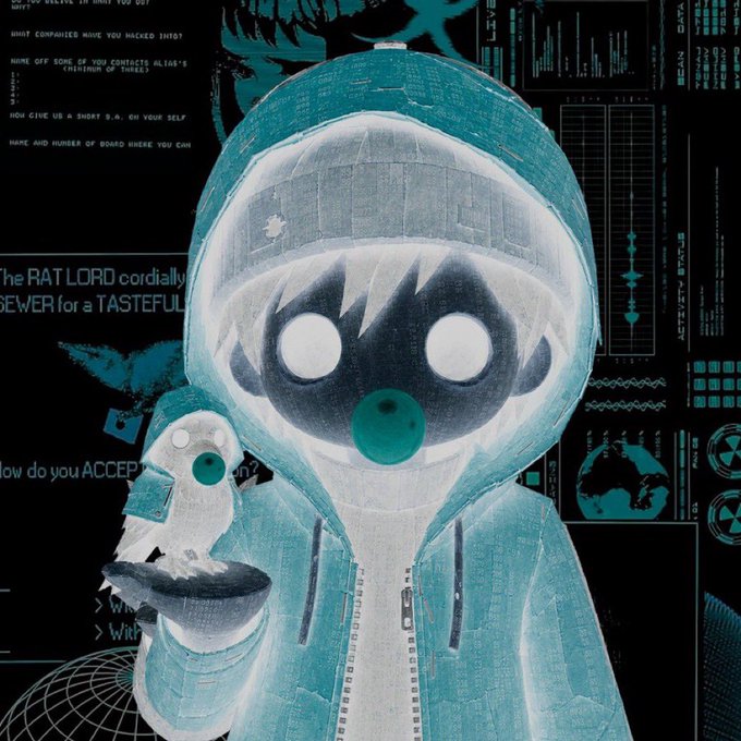 A hooded character with glowing white eyes and a teal bubble gum bubble holds a small white pigeon, set against a glitchy blue hacker-themed background featuring text like "The RAT LORD cordially" and "MAKE AND NUMBER OF GOING WHERE YOU CAN." The image ties to the post by serving as promotional artwork for a free mint giveaway by @brokeb00kies, where followers can drop their EVM wallet to participate.