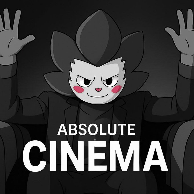 An animated meme featuring a menacing cartoon cat-headed character in a black suit with raised hands, captioned with the text "ABSOLUTE CINEMA".