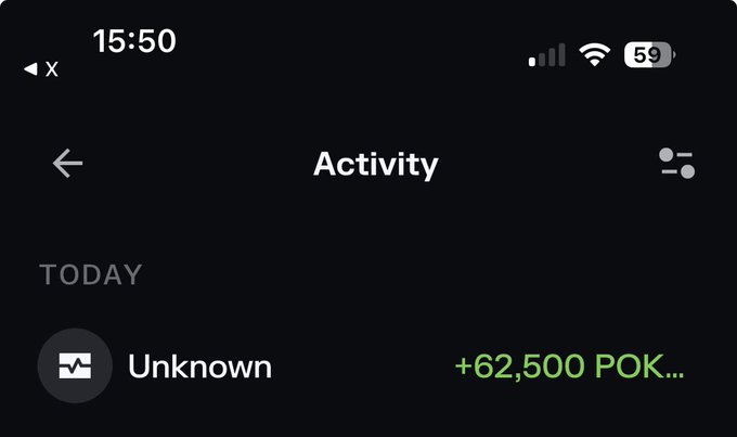 A screenshot of an "Activity" page showing an unknown transaction of "+62,500 POK..." received today.