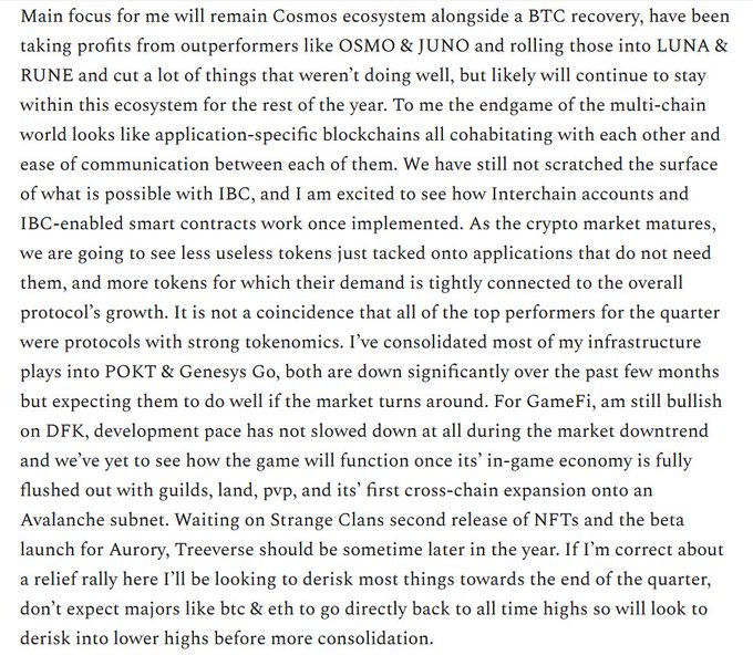 The image shows a white background with black text that reads "Main focus for me will remain Cosmos ecosystem alongside a BTC recovery, have been taking profits from outlaws like OSMO & JUNO and rolling those into Luna". The image also contains a quote about Bitcoin's performance in the year 2022.