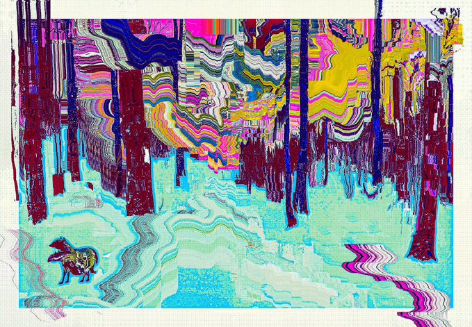 An abstract, distorted digital artwork features warped, glitch-like forms in vibrant shades of blue, magenta, yellow, and black, with a small animal figure in the lower left corner.