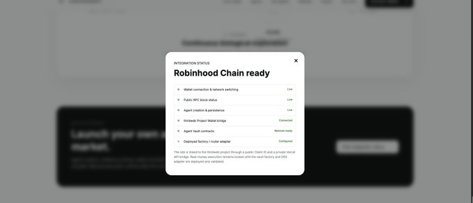 A modal titled "INTEGRATION STATUS: Robinhood Chain ready" displays a checklist confirming live integration with water connection & webhook switching, public RPC block status, agent creation & persistence, thirdweb Project Wallet bridge, agent vault contracts, and deployed factory/router adapter. The image visually supports the accompanying post's claim that COVENANT is fully connected to Robinhood Chain, with each core layer shown as operational.