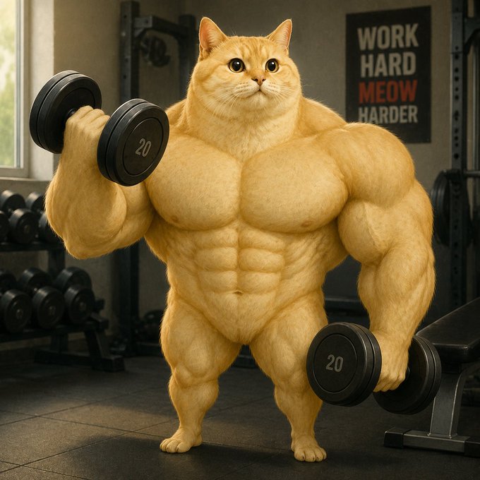 A highly muscular orange cat lifting 20-pound dumbbells in a gym, with a 'WORK HARD MEOW HARDER' sign on the wall behind it.