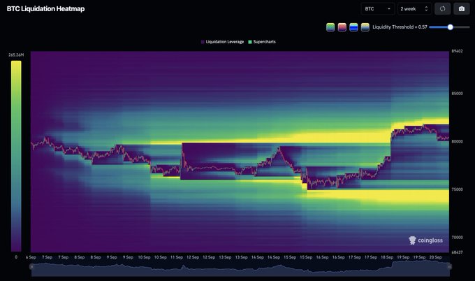 A BTC liquidation heatmap from Coinglass showing a 2-week price chart with the current price hovering near $80,000, revealing intense liquidation leverage zones concentrated around the $75,000 support level and the $83,000 resistance area. The visualization highlights dense clusters of potential liquidations at both price extremes, suggesting Bitcoin is likely to test one of these key levels before breaking out of its current consolidation range.