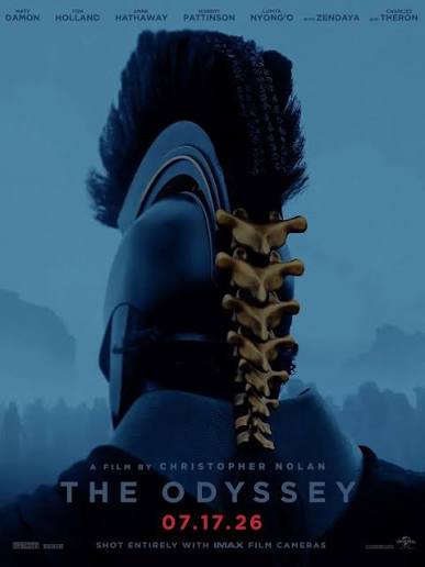 A movie poster for "The Odyssey," directed by Christopher Nolan, featuring the back view of a figure with a braided ponytail, releasing on 07.17.26, with cast listed including Damon, Holland, Hathaway, Pattinson, Nyong'o, Zendaya, and Theron. The post discusses Nolan's inspired castings, such as Travis Scott as the Homeric bard reciting the actual Odyssey, highlighting the film's connection to the classic epic poem.