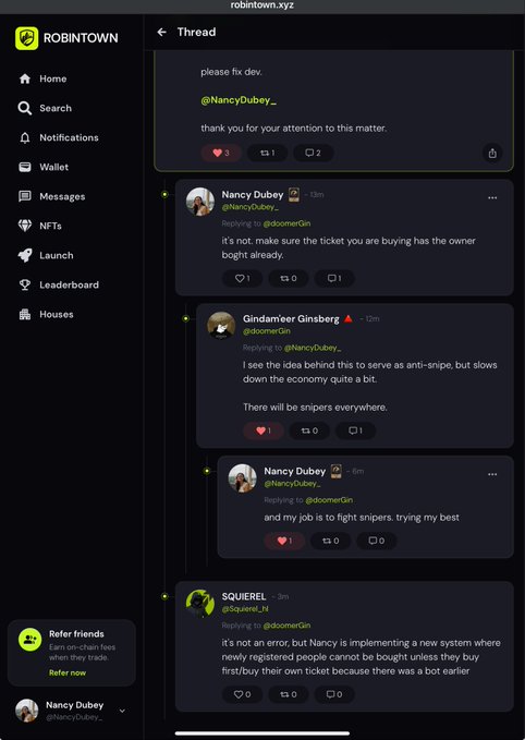 A screenshot of a Robintown.xyz thread where user Nancy Dubey (@NancyDubey_) responds to concerns from @doomerGin about ticket ownership and sniping, explaining that the platform aims to prevent scalpers, while @SquareL clarifies that the new system blocks buyers unless they purchase tickets they don't own. The conversation directly supports the post's message by highlighting Robintown's efforts to combat snipers and maintain fair ticket sales.