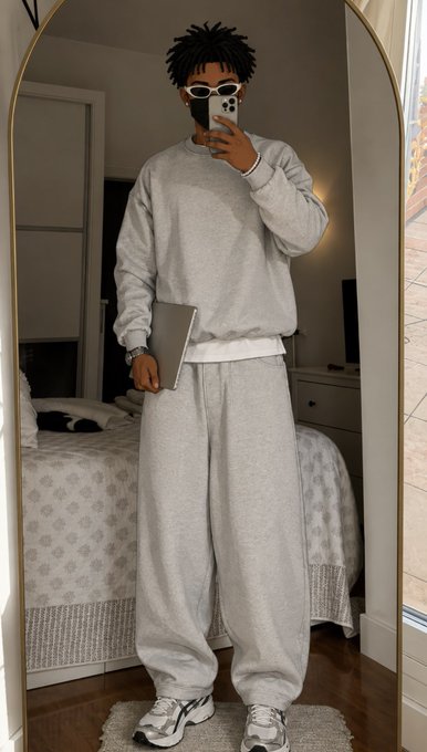 A mirror selfie of a person wearing a grey sweatshirt and sweatpants with chunky sneakers, holding a laptop.