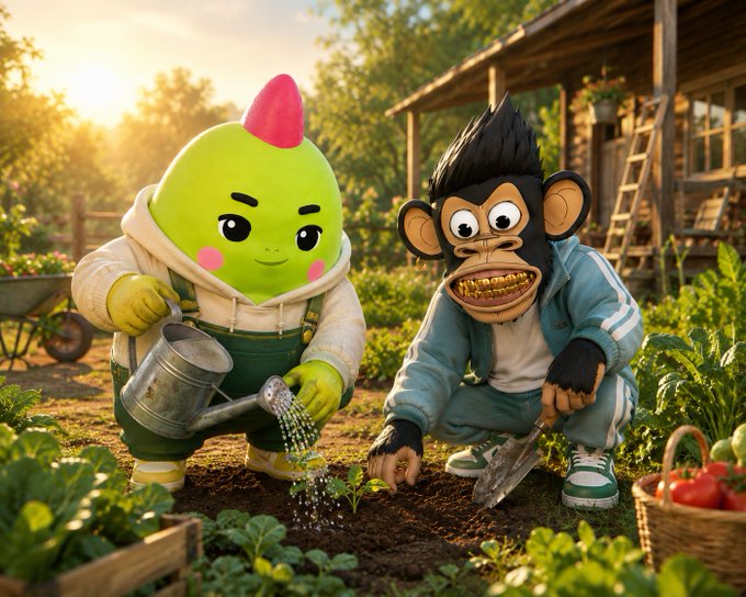 Two cartoon characters—one a green pear-shaped figure with a pink mohawk and the other a monkey in a tracksuit with gold grills—water plants in a sunlit garden.