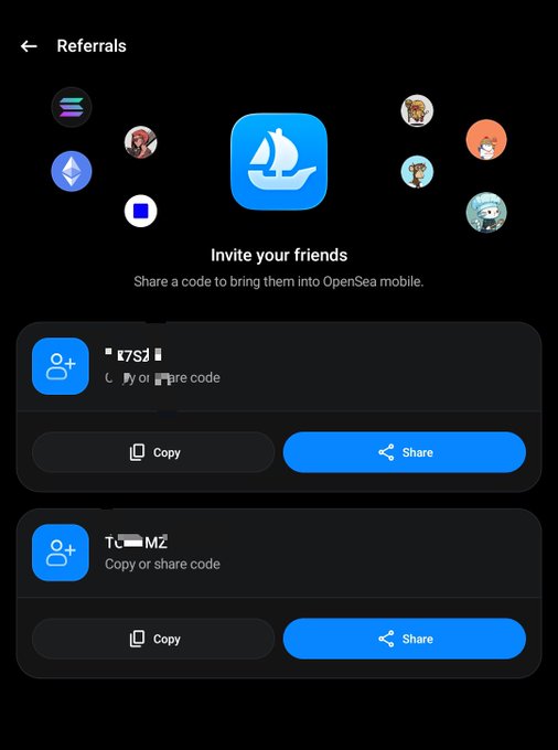 A screenshot of the OpenSea mobile app Referrals page showing a prompt to 'Invite your friends' with a sailboat logo, surrounded by profile pictures and two referral code entry fields with 'Copy' and 'Share' buttons.
