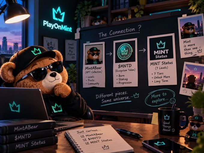 A cartoon bear mascot wearing sunglasses and a black cap works on a laptop at a desk displaying charts about 'MintABear', '$MNTD', and 'MINT Status' under the brand 'PlayOnMint'.