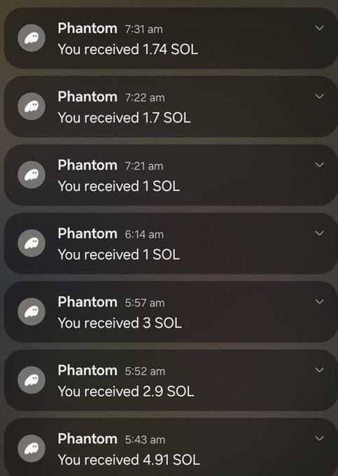 A dark-mode wallet notification list from “Phantom” shows seven incoming Solana payments between 5:43 and 7:31 am: 4.91 SOL, 2.9 SOL, 3 SOL, 1 SOL, another 1 SOL, 1.7 SOL, and 1.74 SOL. The image supports the post’s $SOL giveaway, though it displays claimed receipts rather than a wallet address or instructions to enter one.