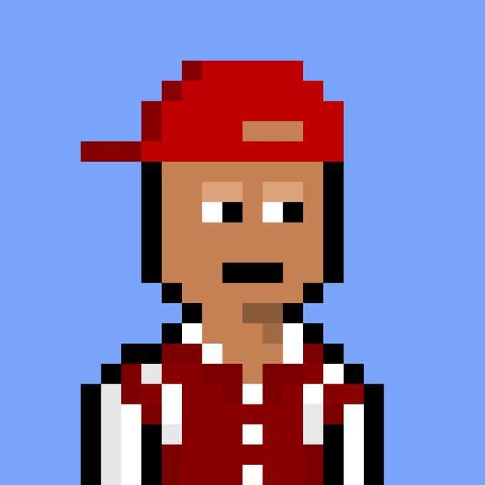 A pixel-art portrait of a man with brown skin, wearing a red cap and red and white jacket, set against a solid light blue background.
