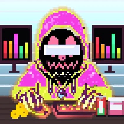 A pixel-art style illustration shows a hooded figure in pink and yellow wearing a VR-style visor, seated at a desk with bar charts on screens in the background.
