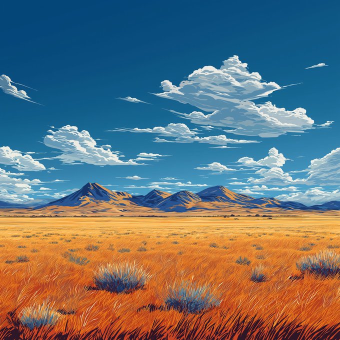 A colorful illustration of a golden grassy plain with mountains in the distance under a bright blue sky filled with white clouds.