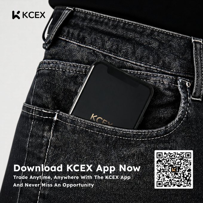 An advertisement for the KCEX crypto exchange app shows a smartphone partially tucked into a jeans pocket, with text reading 'Download KCEX App Now - Trade Anytime, Anywhere With The KCEX App And Never Miss An Opportunity' alongside a QR code.