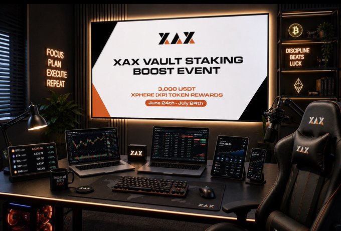 A sleek, neon-lit trading setup features a large screen promoting the "XAX Vault Staking Boost Event" with 3,000 USDT in Xphere (XP) token rewards from June 24th to July 24th, surrounded by monitors displaying crypto charts, motivational wall text like "Focus, Plan, Execute, Repeat," and a black gaming chair branded with the XAX logo. The image visually reinforces the post's announcement by showcasing the campaign's headline reward and timeframe in a professional trader aesthetic, perfectly aligning with the call to boost vault deposits for a chance at the $1,500+ prize pool.