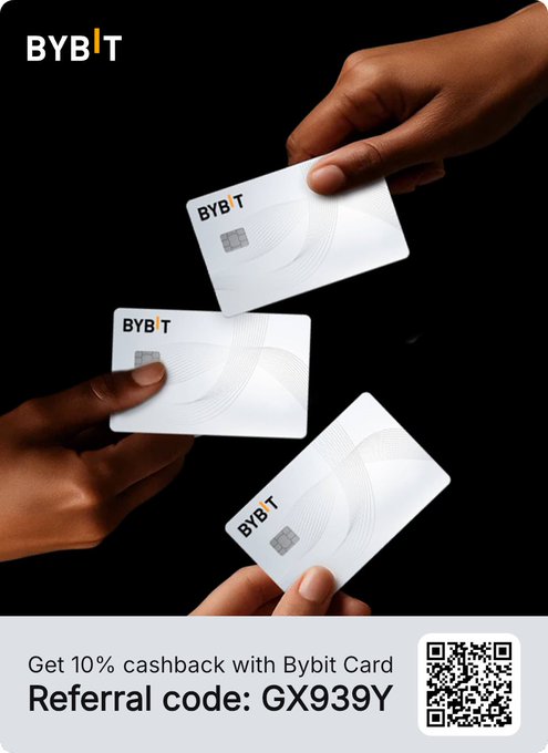The image shows two hands reaching out towards three pieces of white bybit cards against a black background. The text at the bottom of the image reads "Get 10% cashback with Bybit Card", which suggests that these cards are from Bybit, a credit card company with global acceptance and rewards programs for their users. The instructions state to click on the link to apply for and create a Bybit card, and it also mentions that you can set your country as USA or add the card to Apple Pay.