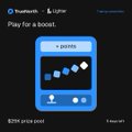 A dark mobile interface shows a 'Play for a boost...' promotional banner with a +2 points graphic for what appears to be a crypto-related app.