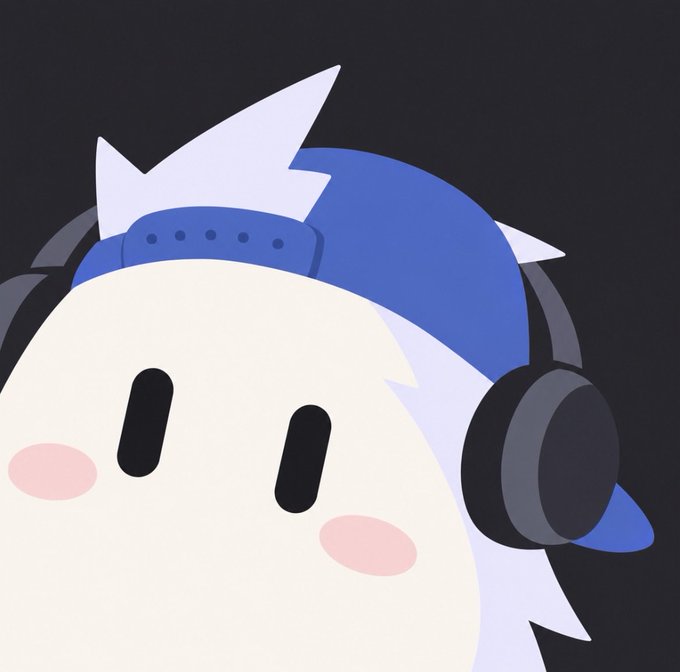 A simple illustration of a white, round cartoon character wearing a blue backwards cap and large black headphones.