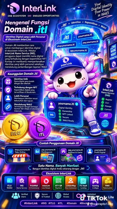 A colorful promotional infographic for InterLink featuring a purple mascot, highlighting '.itl' domain features like digital identity, NFT, and blockchain integration, with TikTok Lite branding.
