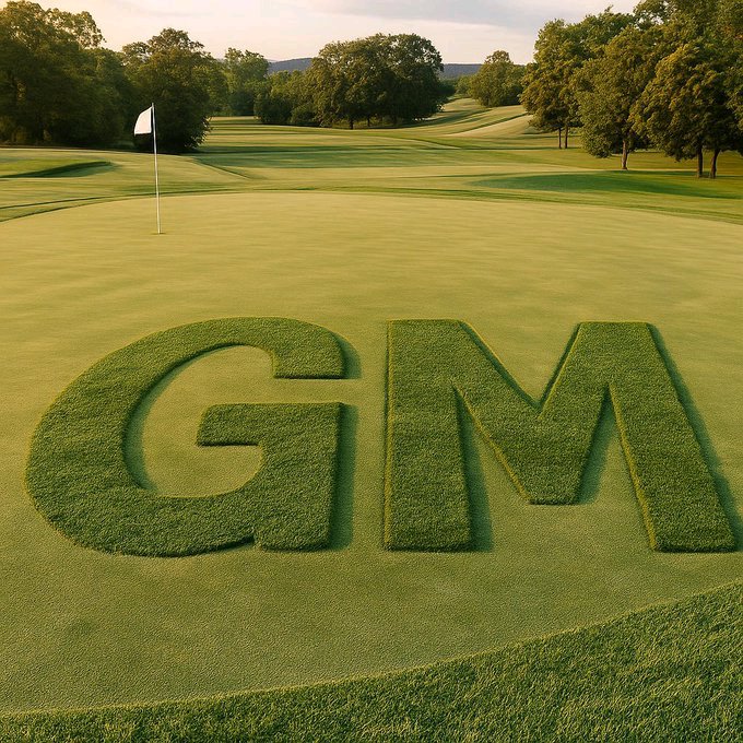 A grassy golf course with a flagstick in the distance, featuring large 3D letters "GM" cut into the green turf in the foreground.