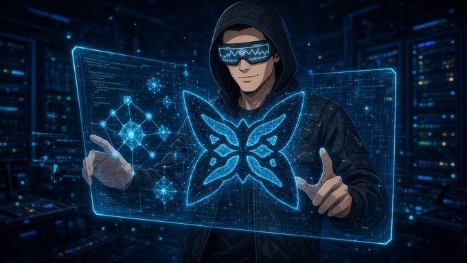 A hooded, visor-wearing figure stands in a dark digital control room, holding transparent blue holographic panels with a bright butterfly-like symbol and network graphics.