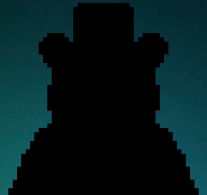 A pixelated black silhouette of a person wearing a hat against a dark teal gradient background.