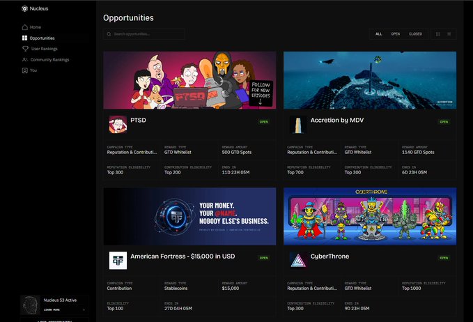 A dashboard screenshot of Nucleus platform showing various cryptocurrency opportunities including PTSD, Accretion by MDV, American Fortress, and CyberThrone with their respective metrics.