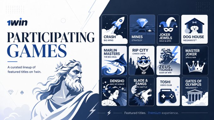 A promotional banner for '1win PARTICIPATING GAMES' showcasing 'A curated lineup of featured titles on 1win,' including Crash, Mines, Joker Jewels, Dog House, Marlin Masters, Rip City, Zeus Thunder, Master Joker, Densho, Blade & Fangs, Toshi, and Gates of Olympus.