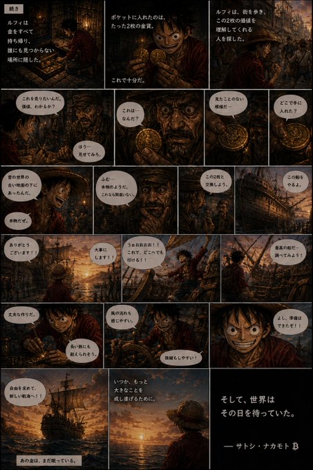 A multi-panel Japanese manga page (with Japanese text) depicting a pirate character finding treasure/gold coins, with dramatic scenes of ships at sunset and emotional reactions across multiple panels, signed by 'サトシ・ナカモト B'.