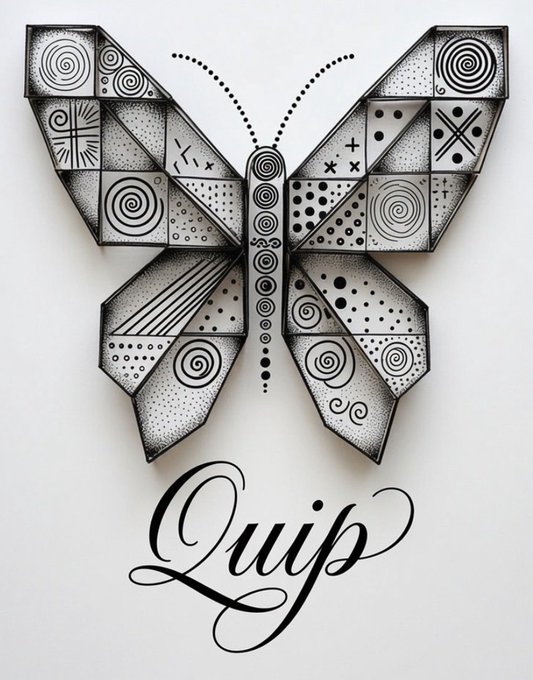 A decorative butterfly illustration with geometric patterns and swirls, with the word 'Quip' written in elegant calligraphy below it.