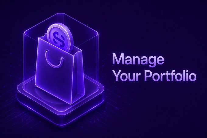 A neon purple isometric graphic displays a shopping bag containing a coin inside a transparent cube, accompanied by the text 'Manage Your Portfolio'.