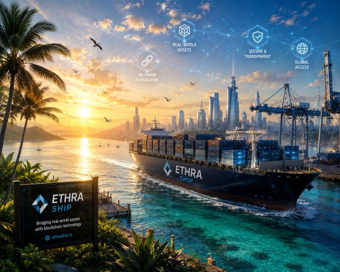 A promotional graphic for 'ETHRA SHIP' featuring a large cargo ship at a port with blockchain-themed overlays highlighting Real-World Assets, On-Chain Integration, Secure & Transparent, and Global Access.