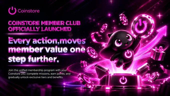 A promotional banner for 'Coinstore' announcing 'COINSTORE MEMBER CLUB OFFICIALLY LAUNCHED' with the tagline 'Every action, moves member value one step further,' featuring a cartoon cat character.