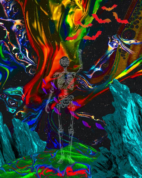 Vibrant, psychedelic digital artwork showing a transparent skeleton figure standing amid colorful, swirling cosmic elements, jagged teal mountains, and abstract shapes.