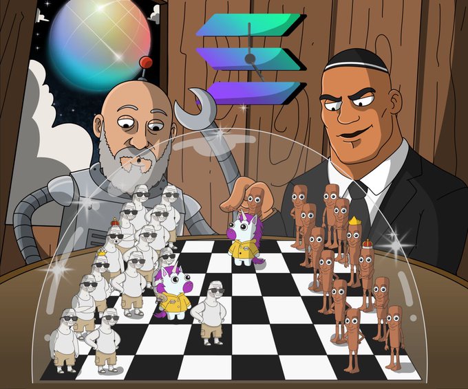 A cartoon chessboard scene shows a robot figure with a disco ball head and a suited character with a Bitcoin "B" logo on his headpiece, each commanding armies of meme-themed pieces—including sunglasses-wearing figures and dog characters—facing off under a glowing dome, symbolizing the playful rivalry and renewed excitement in the memecoin space highlighted in the post.