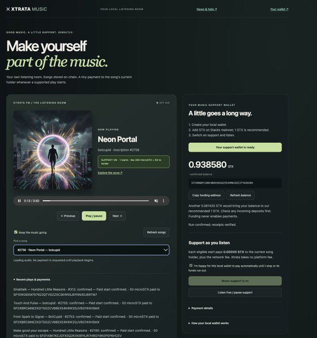 A screenshot of the 'XTRATA MUSIC' website displaying a 'Listening Room' interface, currently playing 'Neon Portal' by botqupid with a support wallet balance of 0.938580 STX.
