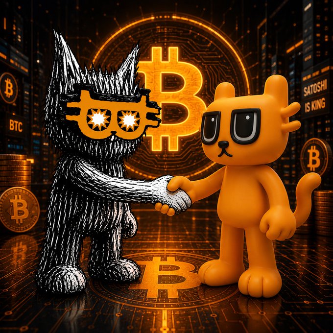 Two cartoon mascots—a black sketchy cat wearing Bitcoin sunglasses and an orange cat—shake hands in front of a glowing Bitcoin logo, with text reading 'BTC', 'Satoshi', and 'Satoshi is King' on the surrounding cityscape.