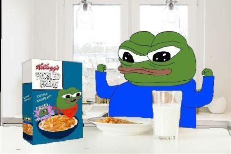A cartoon Pepe the Frog character flexes its muscles at a kitchen table next to a box of Kellogg's Frosted Flakes and a glass of milk. The image is paired with a post mocking people who hope to get rich through crypto without effort, using the "frogs" (froked flakes) as a visual pun on their unrealistic financial expectations.