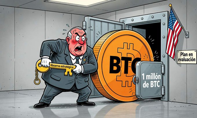 A political cartoon depicting a bald official holding a gold key labeled "Reserva estratégica" next to a large Bitcoin coin and a vault marked "1 millón de BTC," with an American flag and a sign reading "Plan en evaluación."