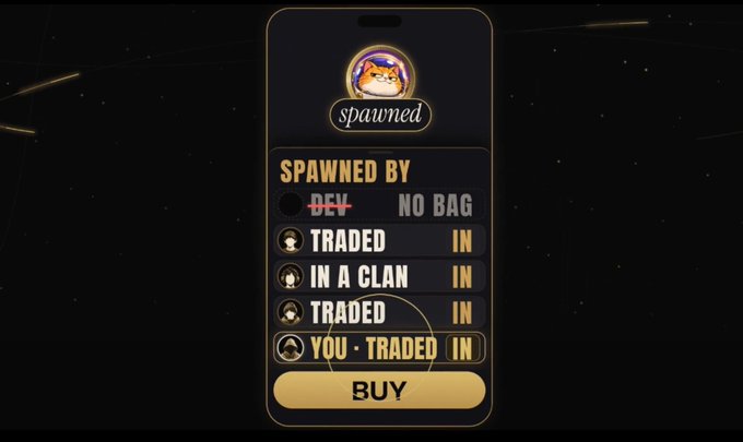 A black-and-gold “spawned” NFT-style trading card shows a Shiba Inu avatar and the text “SPAWNED BY,” “DEV,” “NO BAG,” “TRADED,” “IN A CLAN,” “YOU - TRADED,” and a gold “BUY” button.
